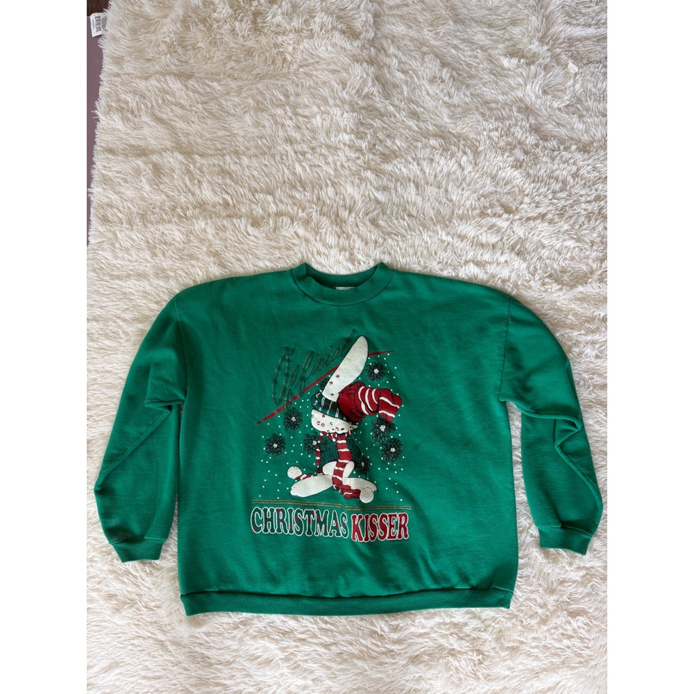 Vintage Christmas Kisser Sweatshirt Green Holiday Graphic One Size‎ USA Made